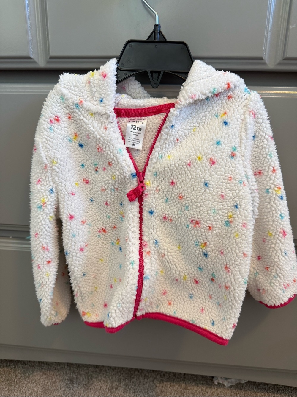 Carter's White Sherpa Hoodie with Multicolor Dots and Pink Trim 12m